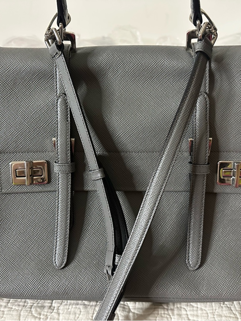 Prada Silver-Gray Saffiano Leather Briefcase - Picture 2 of 7